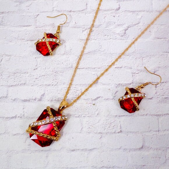 Sparkling Red Rectangle Crystal Pendant Necklace and Matching Earring Set - Picture 1 of 9